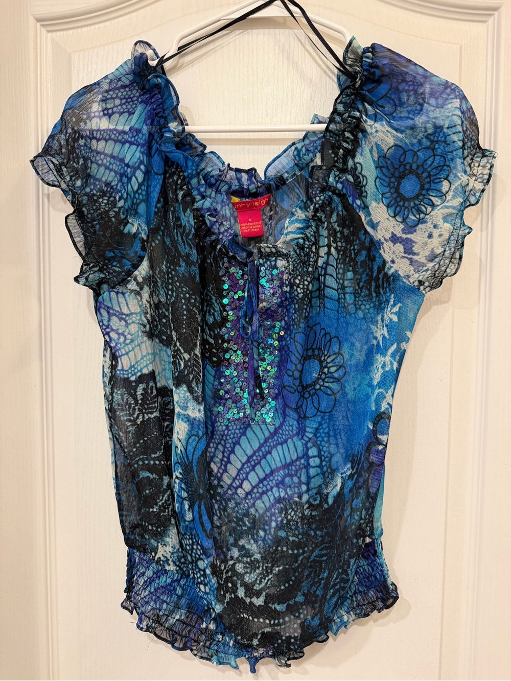 Sunny Leigh Blue Sequin Cold Shoulder Boho Blouse Top Medium